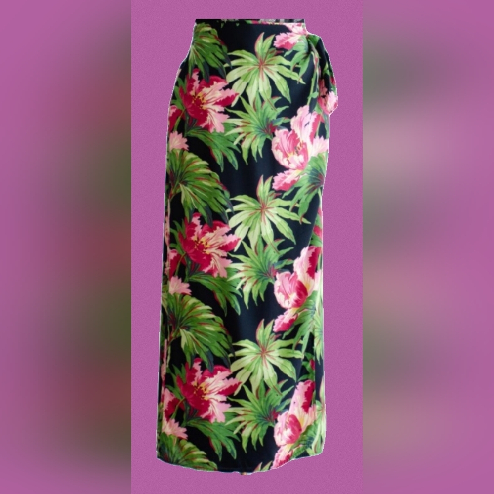 Ilyse Hart VTG 80s 90s Hawaiian Beachy Floral Print Wrap Maxi Skirt Sarong XL 16